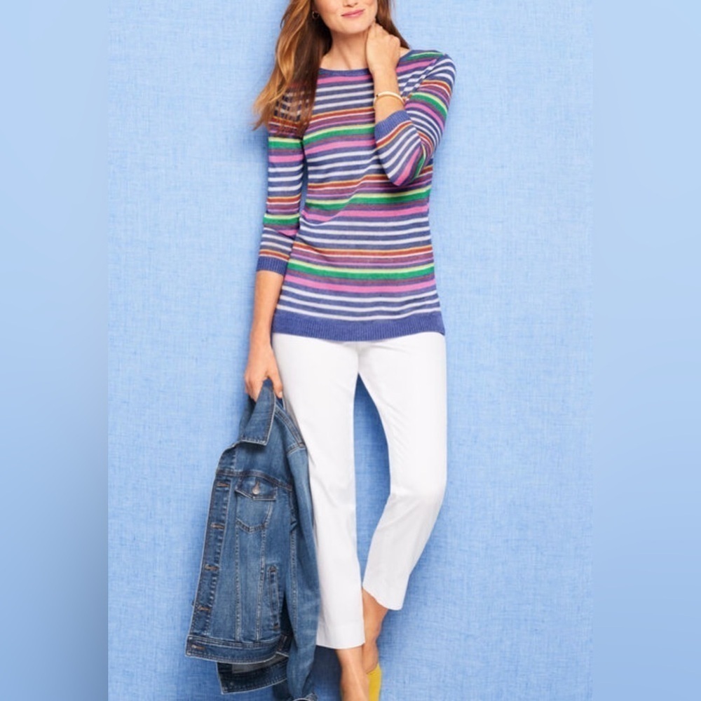 Talbots Petunia Striped 100% Linen Crewneck Sweater Ribbed Hem Side Slits MP